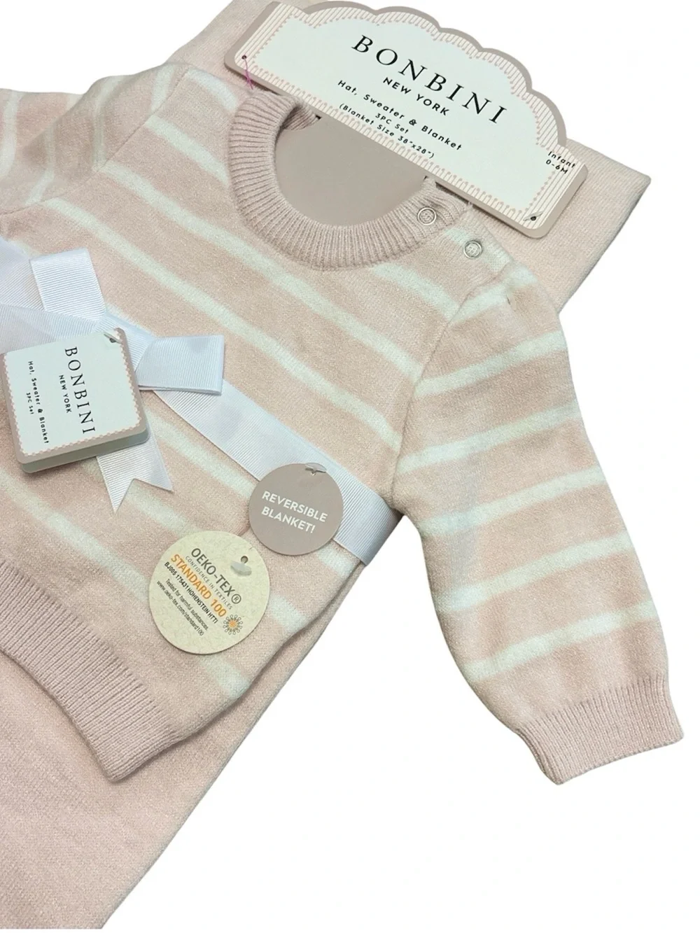 (2 Piece) Bonbini New York Baby Girls Blanket + Sweater Set Soft Light Pink NWT